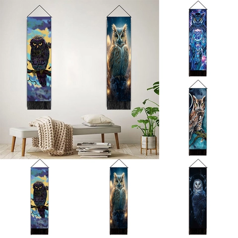 Vertical Owl Pattern Wall Tapestry Hanging Scroll Polyester Cotton With Wooden Pole And Tassels Nordic Bohemian Decor
