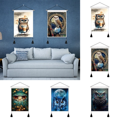 Eule Wandteppich Wandbehang Kunstgemälde Mit Holzstab Und Quasten Polyester Nordischer Stil Dekoratives Scroll