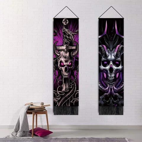 Gotisch Wandtapijt Met Schedel En Pentagram Patronen Van Polyester Katoenmix Met Kwastjes Voor Slaapkamer Woonkamer Decoratie