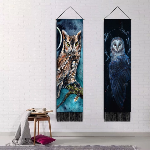Vertical Owl Pattern Wall Tapestry Hanging Scroll Polyester Cotton With Wooden Pole And Tassels Nordic Bohemian Decor