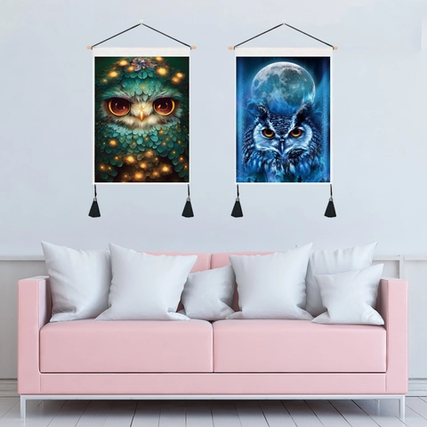 Eule Wandteppich Wandbehang Kunstgemälde Mit Holzstab Und Quasten Polyester Nordischer Stil Dekoratives Scroll