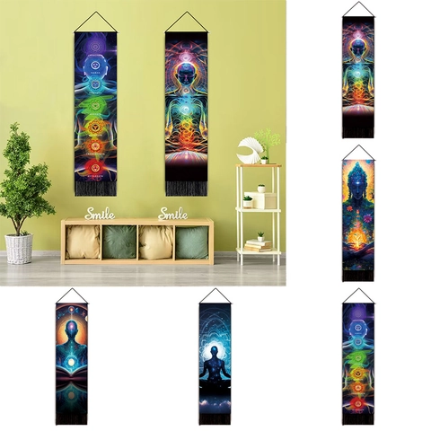 Meditation Chakra Tapestry Vertical Zen Buddha Wall Hanging With Tassel Polyester Cotton Yoga Room Home Wall Decor