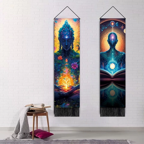 Meditation Chakra Tapestry Vertical Zen Buddha Wall Hanging With Tassel Polyester Cotton Yoga Room Home Wall Decor