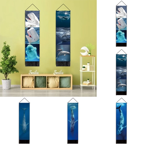 Tapiz Nórdico Con Patrón de Ballena de Polialgodón Para Colgar En La Pared Con Varilla de Madera Y Borlas Decoración
