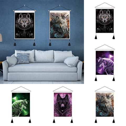 Nordic Wolf Pattern Wall Hanging Tapestry Mystic Animal Portrait Poster With Wood Pole Black Tassels Polyester Cotton Fabric Art For Home Decor