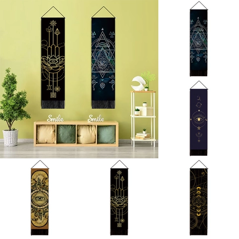 Arazzo Mistico Mano Di Fatima Occhio Appeso a Parete Astrologia Nordica Fasi Lunari Arte Tessuto Scorrimento Con Nappe Per Arredamento