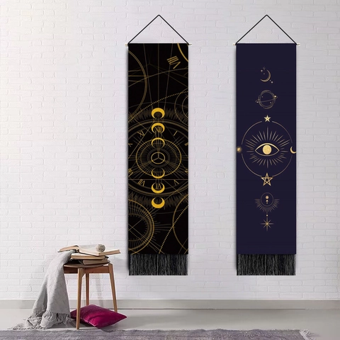 Arazzo Mistico Mano Di Fatima Occhio Appeso a Parete Astrologia Nordica Fasi Lunari Arte Tessuto Scorrimento Con Nappe Per Arredamento