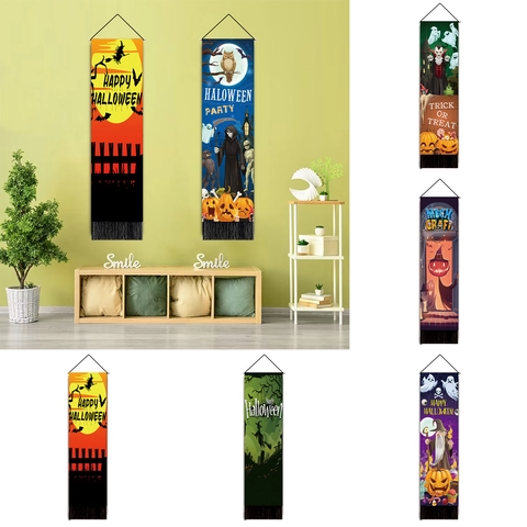 Halloween Hanging Tapestry Polyester Cotton Wall Decor Vertical Banner With Tassel Witch Pumpkin Ghost Graphic Home Party Ornament