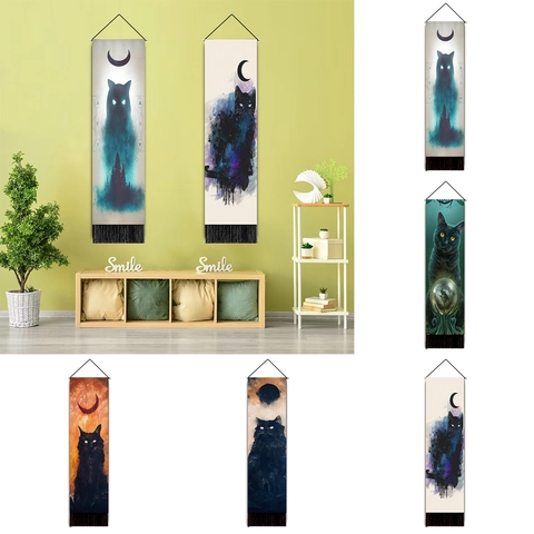 Black Cat Wall Tapestry Vertical Polyester Cotton Hanging Scroll With Tassel Mystical Moon Stars Decor For Bedroom