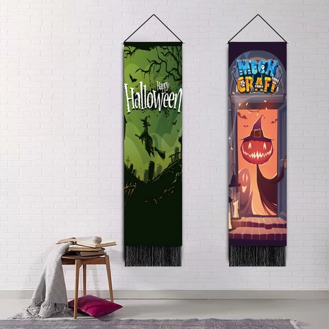 Halloween Hanging Tapestry Polyester Cotton Wall Decor Vertical Banner With Tassel Witch Pumpkin Ghost Graphic Home Party Ornament
