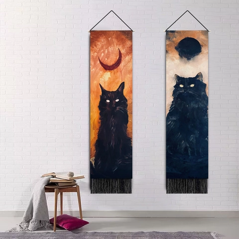 Black Cat Wall Tapestry Vertical Polyester Cotton Hanging Scroll With Tassel Mystical Moon Stars Decor For Bedroom