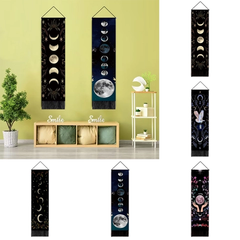 Moon Phase Tapestry Wall Hanging Vertical Long Polyester Cotton With Wooden Rod Tassel Nordic Celestial Art