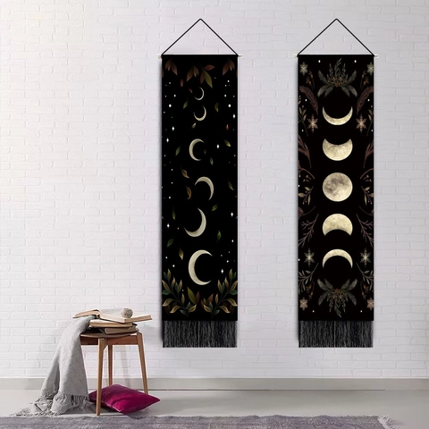 Moon Phase Tapestry Wall Hanging Vertical Long Polyester Cotton With Wooden Rod Tassel Nordic Celestial Art