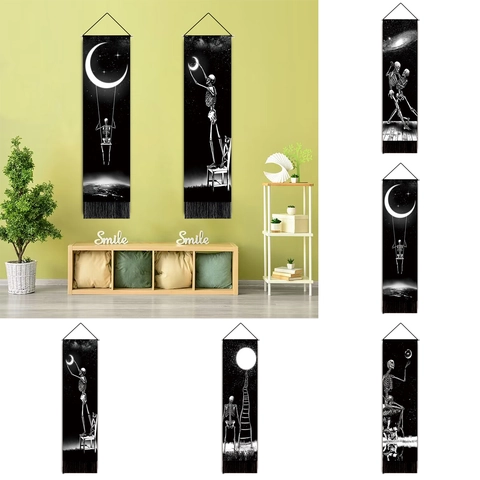 Tapisserie Gothique Crâne Lune Noir Blanc Mélange Polyester Coton Tenture Murale Avec Franges Nuit Étoilée Galaxie Art Déco