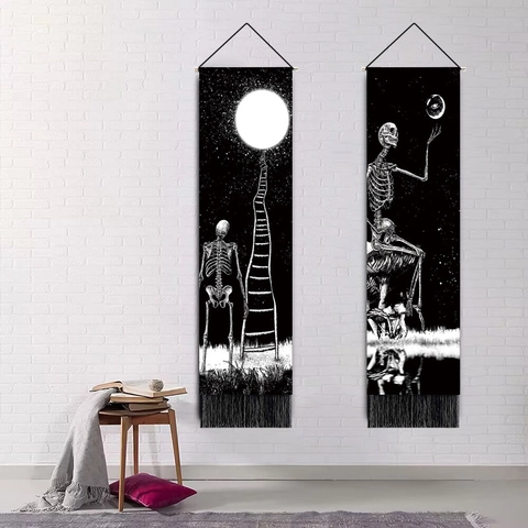 Tapisserie Gothique Crâne Lune Noir Blanc Mélange Polyester Coton Tenture Murale Avec Franges Nuit Étoilée Galaxie Art Déco