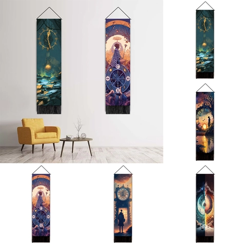 Wall Tapestry Polyester Cotton Fantasy Tarot Clock Print With Tassel Fringe Wooden Rod Hanging Scroll Nordic Home Decor