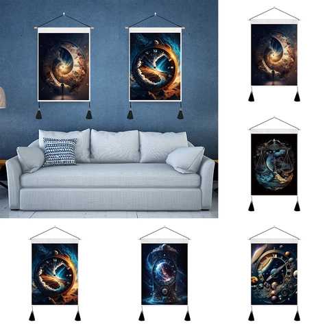 Arazzo Da Parete Con Orologio Cielo Stellato Pittura A Rotolo Con Nappe E Asta Di Legno Decorazione Galassia Per Camera