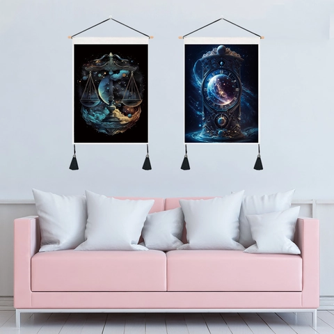 Arazzo Da Parete Con Orologio Cielo Stellato Pittura A Rotolo Con Nappe E Asta Di Legno Decorazione Galassia Per Camera