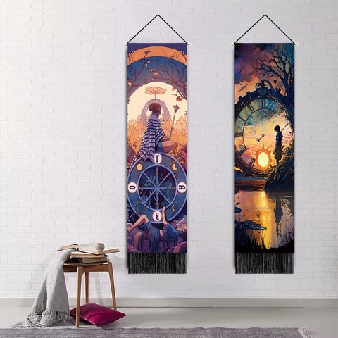 Wall Tapestry Polyester Cotton Fantasy Tarot Clock Print With Tassel Fringe Wooden Rod Hanging Scroll Nordic Home Decor