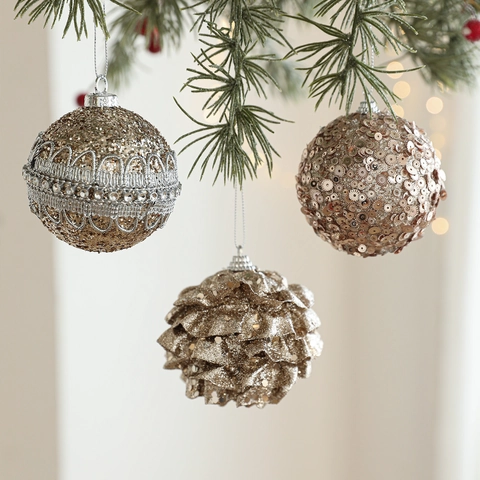 Adornos Colgantes de Navidad Oro Champán Bola de Espuma con Purpurina Lentejuelas Estrella Bota Piña para Árbol Navidad