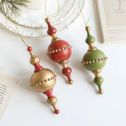 Vintage Wood Christmas Tree Ornaments Retro Finial Hanging Decor Red Gold Green Matte Painted Wooden Holiday Pendants