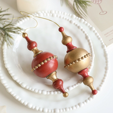 Vintage Wood Christmas Tree Ornaments Retro Finial Hanging Decor Red Gold Green Matte Painted Wooden Holiday Pendants