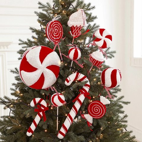 Adornos Navideños de Bastón de Caramelo y Piruleta Rojo y Blanco de Espuma Terciopelo Colgante para Árbol de Navidad para Fiesta
