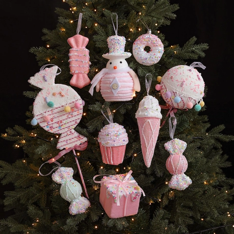Macaron Roze Kerstboomornamenten Schuim Dessert Snoep Donut Cupcake Sneeuwpop Glitter Kerst Decoratie Feest Huis