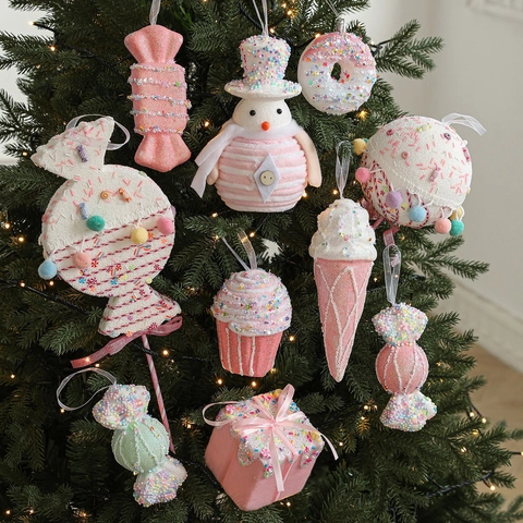 Macaron Roze Kerstboomornamenten Schuim Dessert Snoep Donut Cupcake Sneeuwpop Glitter Kerst Decoratie Feest Huis