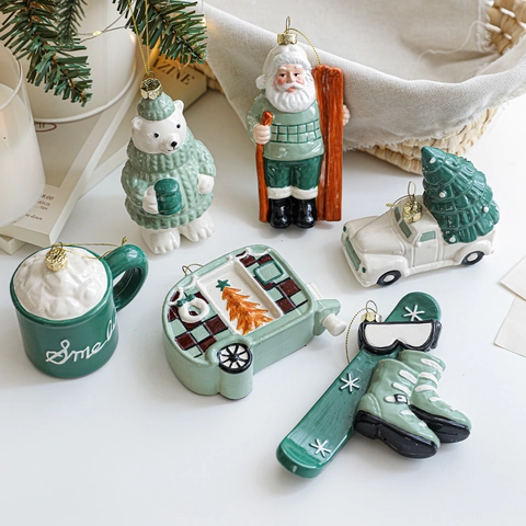 Christmas Tree Hanging Ornaments Green White Ceramic Look Plastic Santa Claus Polar Bear RV Car Cup Skiing Boots Home Decor