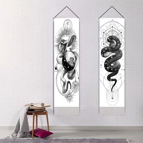 Mystic Snake And Moon Phase Wall Hanging Tapestry Polyester Cotton Fabric Scroll Home Room Decor Boho Art