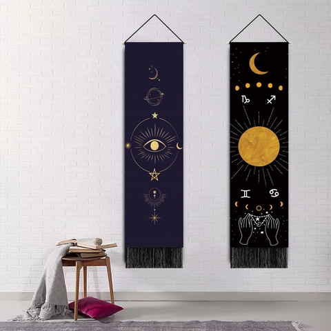 Occult Celestial Moon Phase Sun Eye Providence Tapestry Wall Hanging Bohemian Zodiac Constellation Tassel Fabric Banner Wall Art