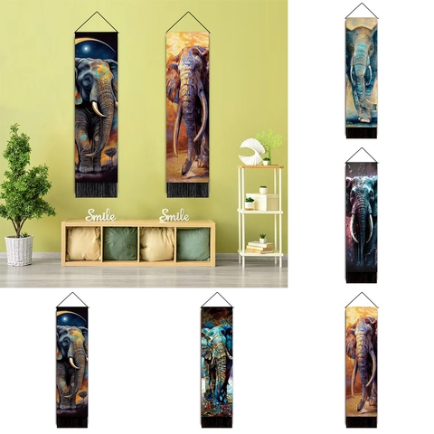 Tapisserie Murale Artistique Éléphant Ethnique Avec Glands Tissu Décoratif Vertical Coton Polyester Pour Maison