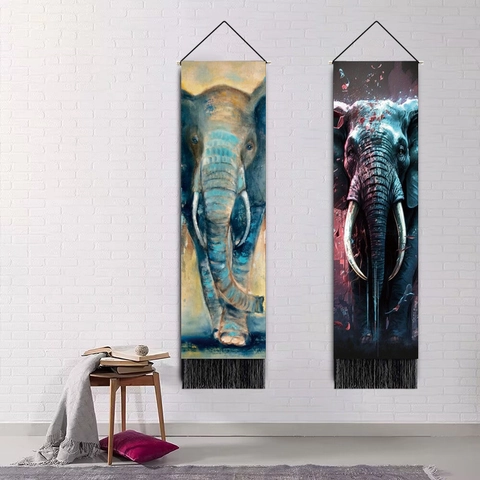 Tapisserie Murale Artistique Éléphant Ethnique Avec Glands Tissu Décoratif Vertical Coton Polyester Pour Maison
