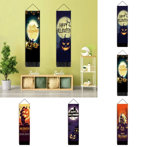 Tapisserie Halloween Polyester Rouleau Mural Vertical Avec Gland Tige Bois Citrouille Fantôme Maison Hantée Décor