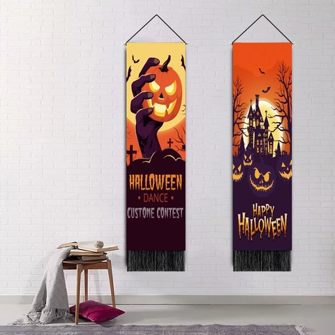 Tapisserie Halloween Polyester Rouleau Mural Vertical Avec Gland Tige Bois Citrouille Fantôme Maison Hantée Décor