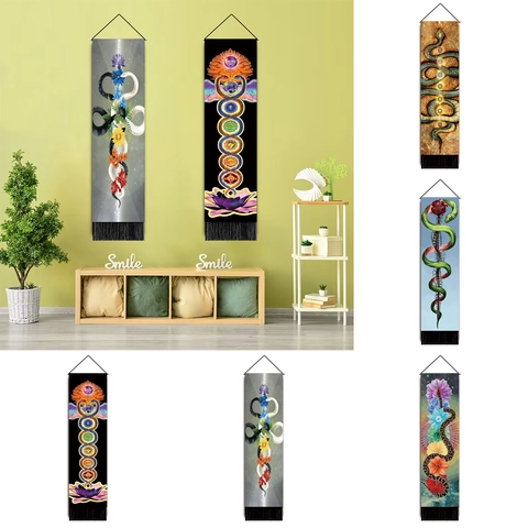 Verticale Wandtapijt Polyester Katoen Stof Slang Bloem Chakra Patroon Mystieke Boheemse Decoratie Met Kwastjes En Houten Hangroede