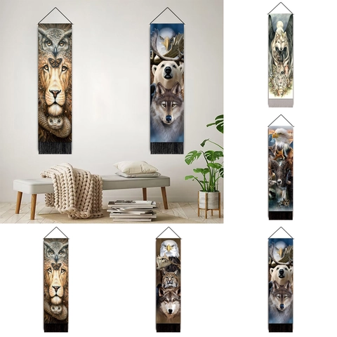 Wild Animal Totem Wall Tapestry Realistic Lion Wolf Pattern Hanging With Wooden Rod And Tassel Home Decor Art