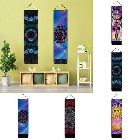Arazzo Lungo Mandala Acchiappasogni Tessuto Poliestere Cotone Con Nappe Palo In Legno Decorazione Casa Boho