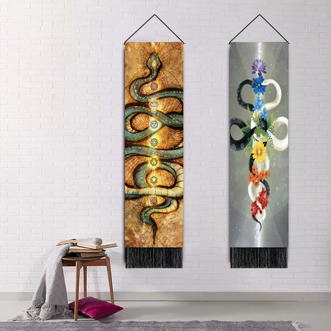 Verticale Wandtapijt Polyester Katoen Stof Slang Bloem Chakra Patroon Mystieke Boheemse Decoratie Met Kwastjes En Houten Hangroede