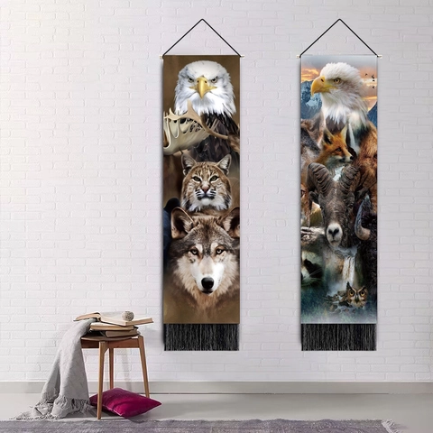 Wild Animal Totem Wall Tapestry Realistic Lion Wolf Pattern Hanging With Wooden Rod And Tassel Home Decor Art
