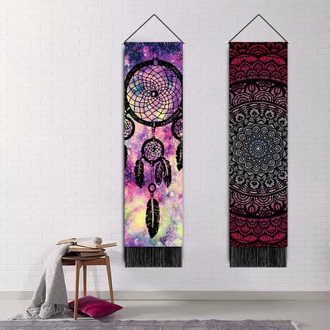 Arazzo Lungo Mandala Acchiappasogni Tessuto Poliestere Cotone Con Nappe Palo In Legno Decorazione Casa Boho