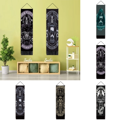 Gotische Schedel Hangende Wandtapijt Met Kwastjes Katoen Polyester Stof Vintage Magere Hein Wandkunst Voor Woonkamer Decoratie