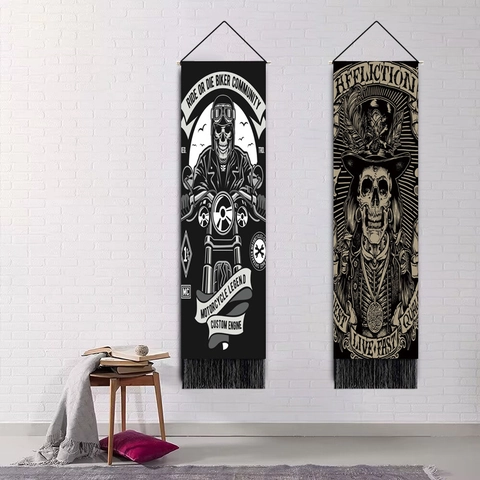 Gotische Schedel Hangende Wandtapijt Met Kwastjes Katoen Polyester Stof Vintage Magere Hein Wandkunst Voor Woonkamer Decoratie