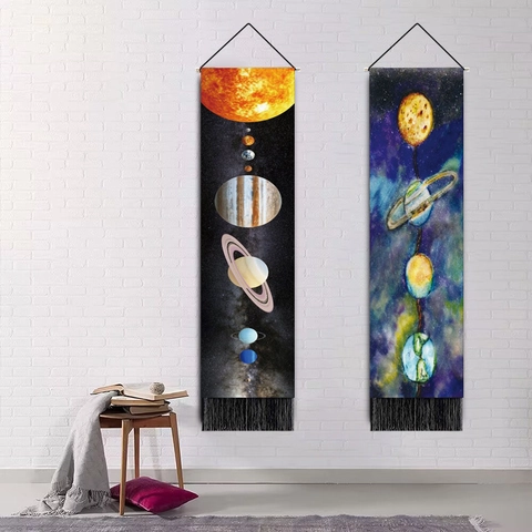 Tenture Murale Phases De Lune Planètes Système Solaire Verticale Polyester Coton Art Suspendu Avec Pompons Noirs Décoration
