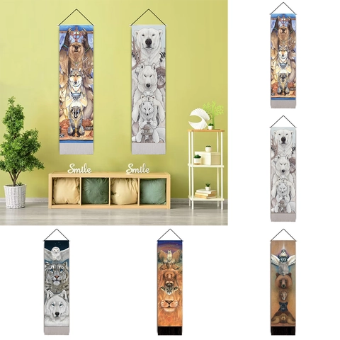 Animal Totem Vertical Wall Tapestry Polyester Cotton Fabric Decorative Banner With Wood Pole And Tassel Nordic Home Decor
