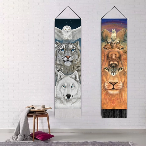 Animal Totem Vertical Wall Tapestry Polyester Cotton Fabric Decorative Banner With Wood Pole And Tassel Nordic Home Decor