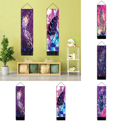 Bohemian Wall Hanging Tapestry Polyester Cotton Feather Galaxy Starry Sky Mandala Decorative Fabric With Tassels Rod Rope