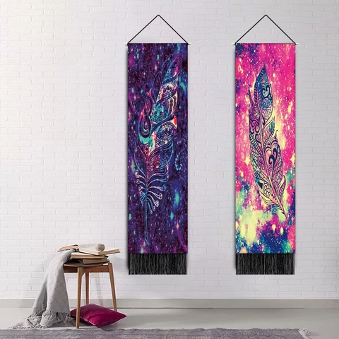 Bohemian Wall Hanging Tapestry Polyester Cotton Feather Galaxy Starry Sky Mandala Decorative Fabric With Tassels Rod Rope
