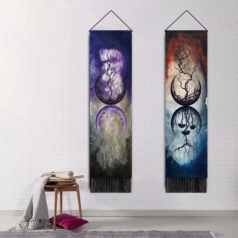 Vertical Mystical Tree Mushroom Polyester Cotton Tapestry Wall Hanging With Tassels And Wood Rod For Home Decor Art